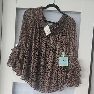 CeCe Brown and Tan Bell Sleeve Blouse with Ruffled Details